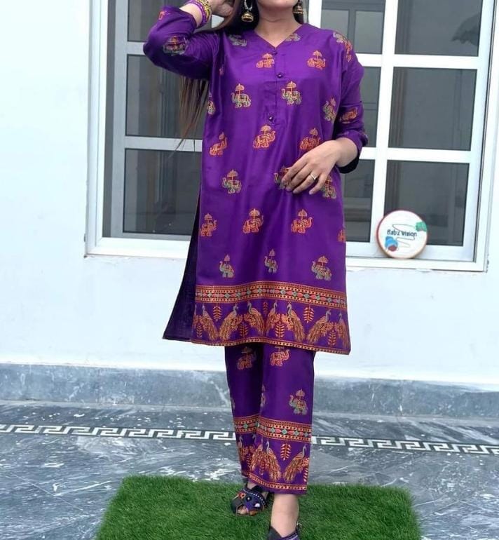 2pcs Linen Stitched - Women's Block Printed Linen Suit